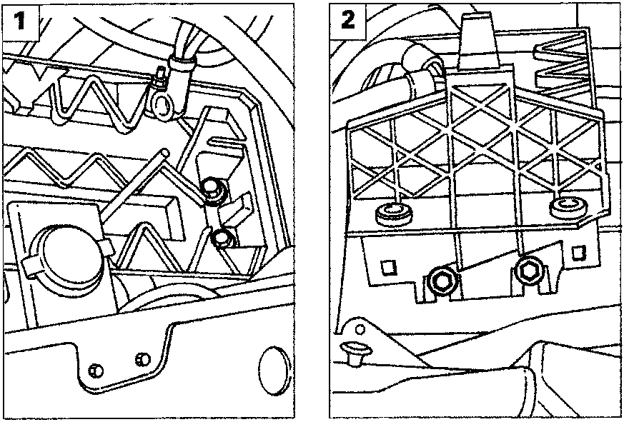 Diagram showing the battery drip tray with callout numbers 1 and 2 indicating inner and outer bolts respectively