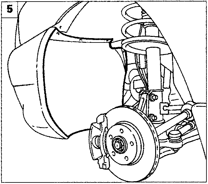 Diagram of the right front wheel arch showing the suspension and brake assembly