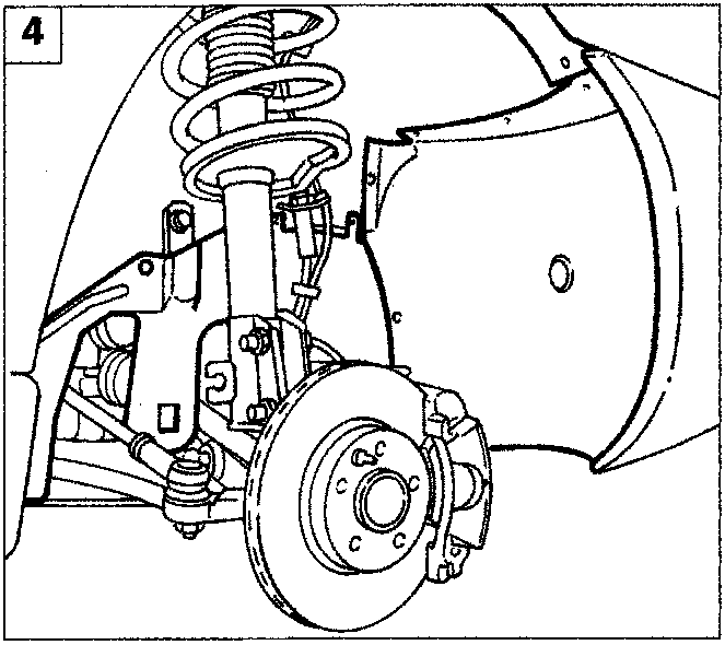 Diagram of the left front wheel arch showing the suspension and brake assembly