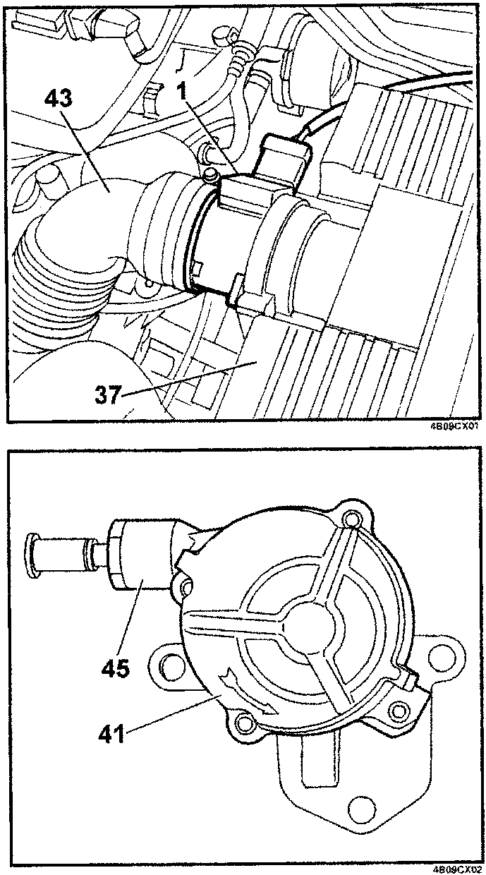Diagram showing the air flow meter (1), air filter (37), and air flow rate hose (43) in the engine bay.