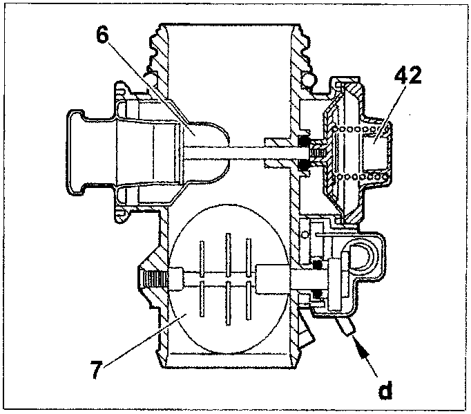 Cross-section diagram of the exhaust gas recirculation valve showing internal components labeled 6, 7, and 42, with callout d pointing to the vacuum inlet.