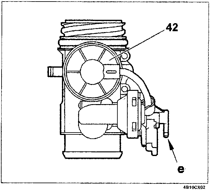External view of the exhaust gas recirculation valve pneumatic capsule labeled 42, with callout e pointing to the vacuum inlet.