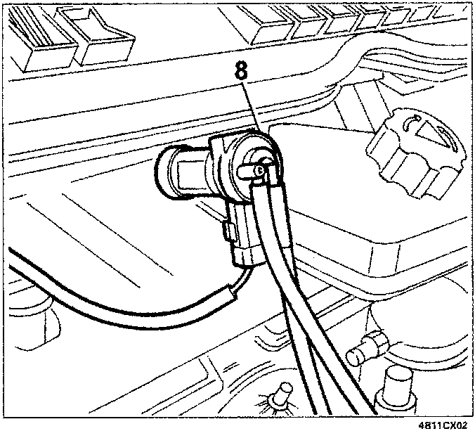 Diagram showing the location of the solenoid valve (8) fastened to the upper wall of the engine compartment