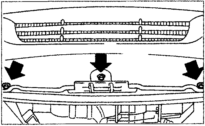 Diagram of the front bumper showing three lower bolts indicated by arrows