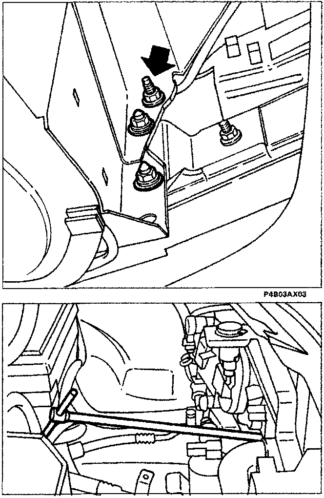 Diagram showing intermediate bolts and a bolt fixing the headlamp holder cross member on the side of the vehicle
