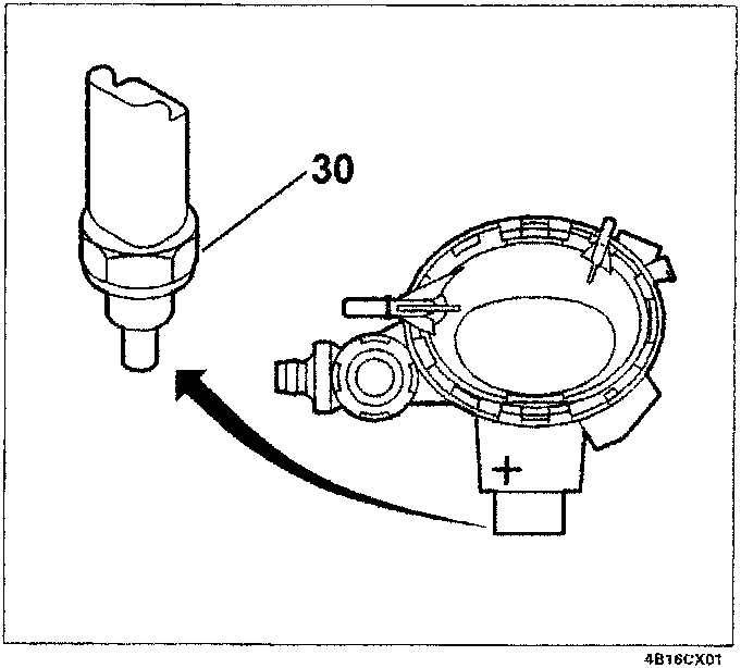 Diagram showing engine coolant temperature sensor (30) and thermostat assembly