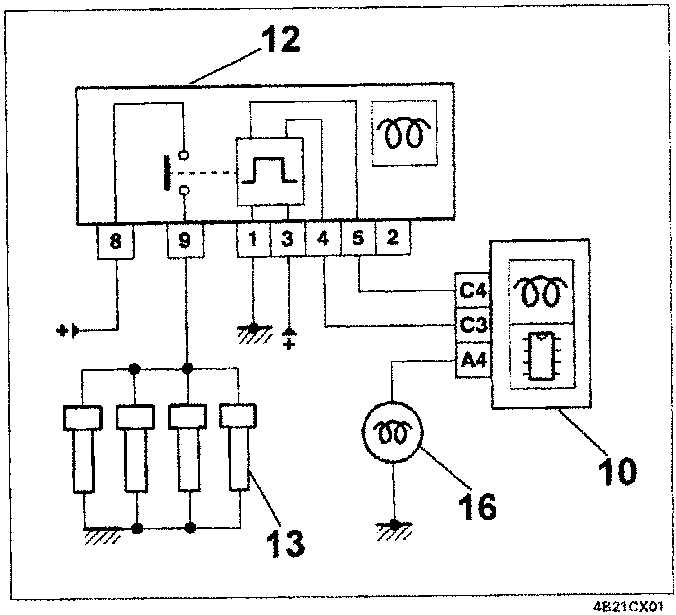 Schematic diagram of electrical connections showing the engine management control unit, pre/post-heating control unit, heater plugs, and heater plugs warning light with numbered callouts 10, 12, 13, 16 and connector pins 8, 9, 1, 3, 4, 5, 2, C4, C3, A4