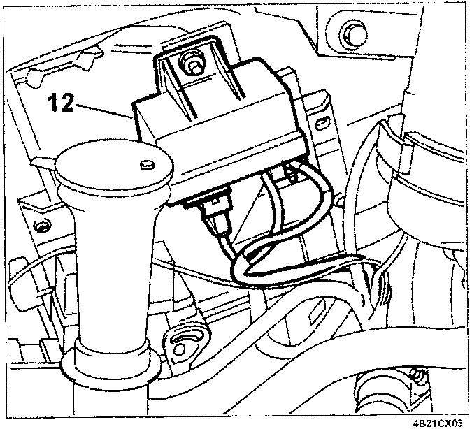 Photographic view of the pre/post-heating control unit installed on the engine block with callout number 12