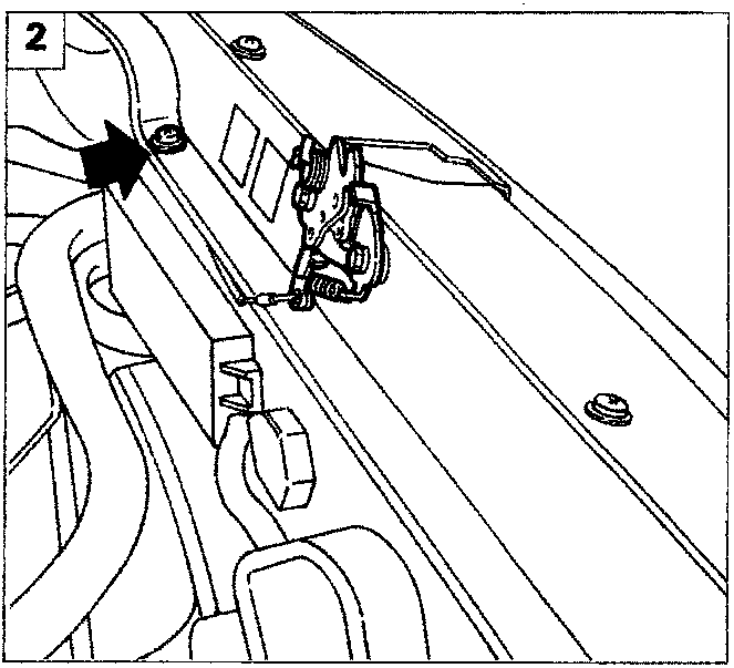 Illustrates removal of door latch mechanism with arrow indicating direction