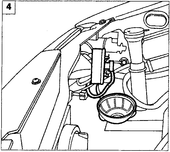 Diagram showing the area under the headlamp with an arrow pointing to a fixing bolt and surrounding trim panels