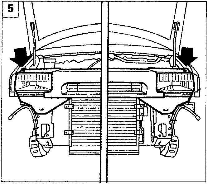 Diagram showing the front of the vehicle with the cross member, grille and light clusters being removed, indicated by arrows on the side fixing bolts
