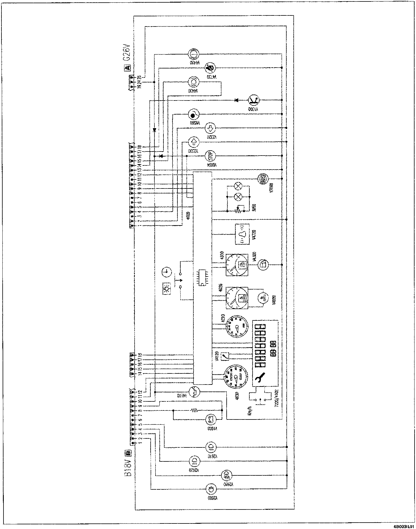Instrument panel internal wiring diagram showing connections between connectors B18V and C26V, control unit 4000, various switches (V1300, V2320, V2330, V8580), relays (V7000), fuses (3050), warning lights (V4320, V4430, V4450, V4730), instrument cluster components (4630, 4210, 4026, 4310), display unit (7220/4102), and other electrical components.