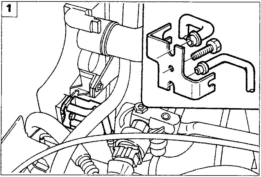 Detail of the condenser mounting bracket and pipe retaining plate on the left side