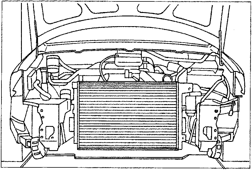 Front view of the engine bay showing the air conditioning condenser location