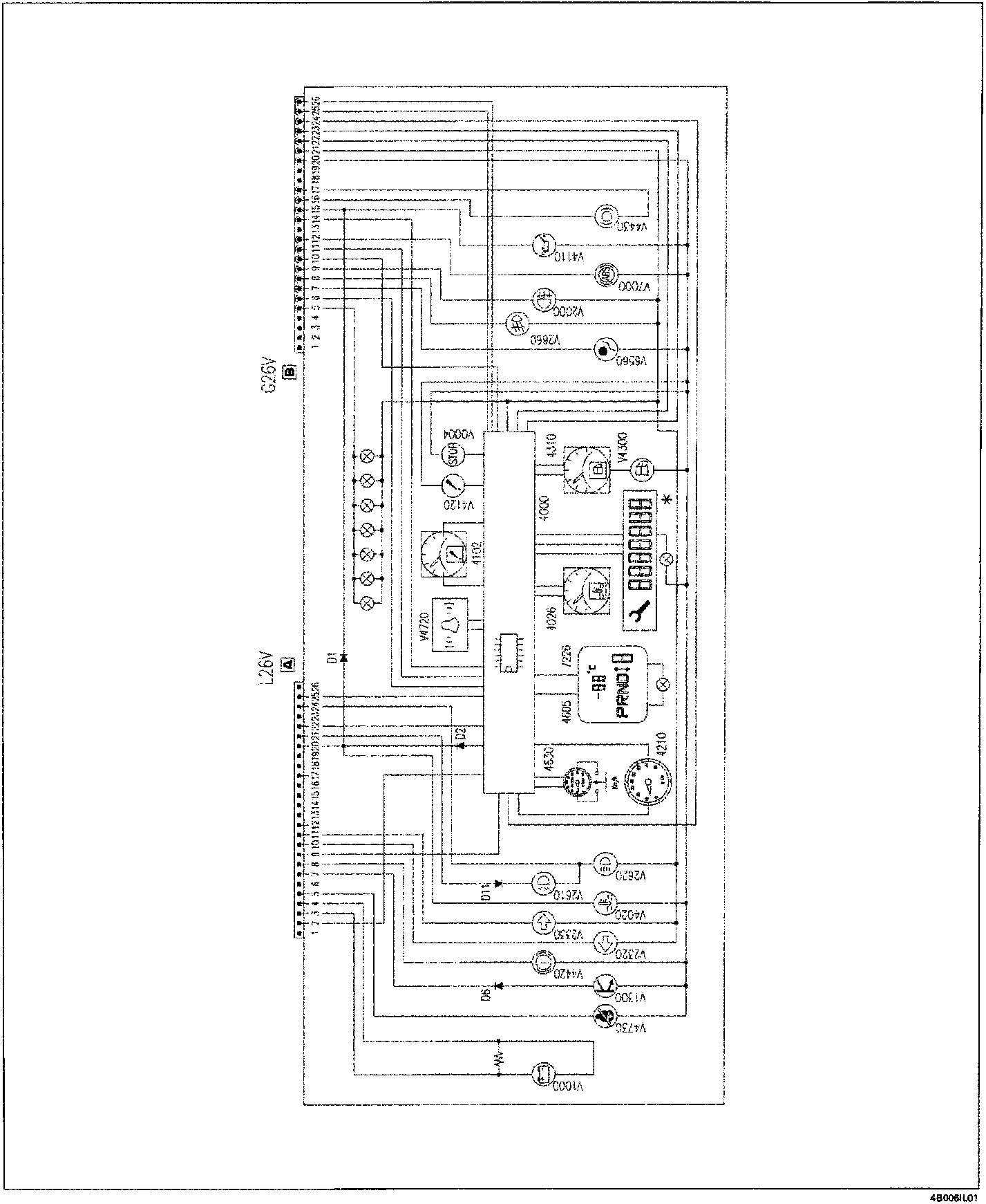 Instrument panel internal wiring diagram showing connections between connectors G26V and L26V, various components including V4720, V4120, V0004, 4102, 4310, V4300, 4000, 4026, 4226, 4605, 4210, 4630, V2620, V2610, V4920, V2330, V2320, V4420, V1300, V4730, V1000, D1, D2, D8, and a maintenance indicator display marked with an asterisk.