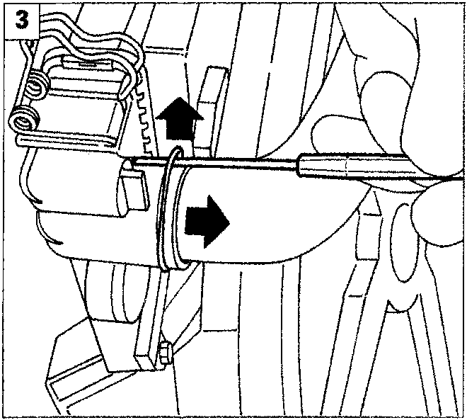 Diagram illustrating a hand using a tool to extract the retaining ring from the coolant inlet hose housing.