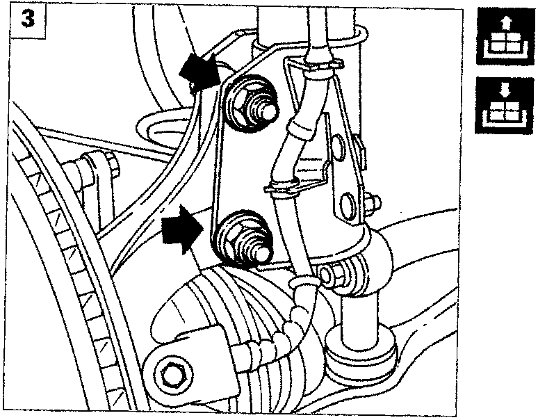 Diagram showing bolts fixing the shock absorber to the steering knuckle