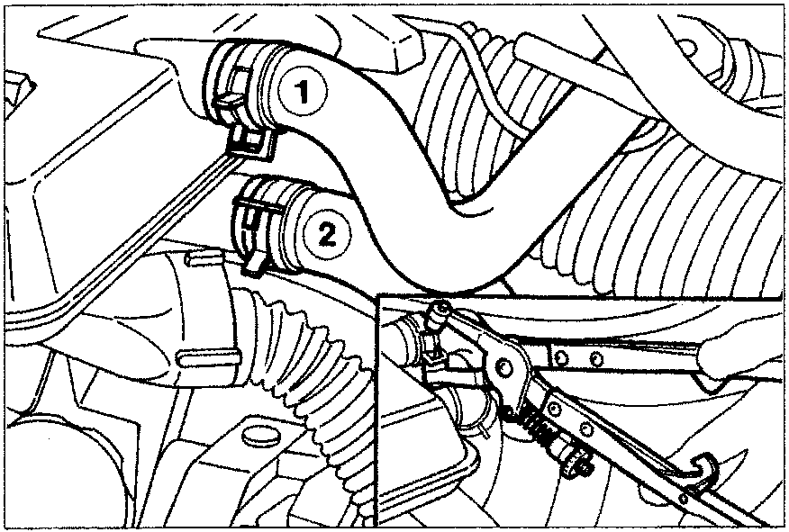 Diagram showing coolant expansion tank inlet pipe (1) and outlet pipe (2) being disconnected with a special tool