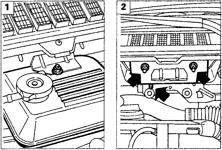 Two diagrams: left shows fixing nut on tank support, right shows three fixing nuts (indicated by arrows) on tank mounting bracket