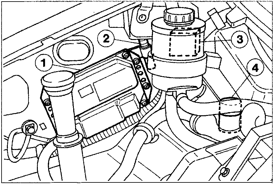 Diagram of engine bay components labeled 1 (engine control unit), 2 (additional resistor), 3 (twin relay), and 4 (inertia switch)