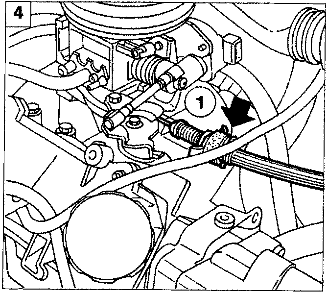Diagram showing accelerator cable release point, metal wire (1) and rubber seal indicated by an arrow