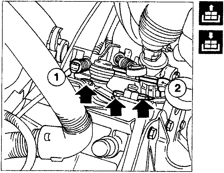 Diagram showing the gearbox area with callout numbers 1 and 2 indicating the gear selector and engagement levers, with arrows pointing to bolts on the external control linkage bracket.
