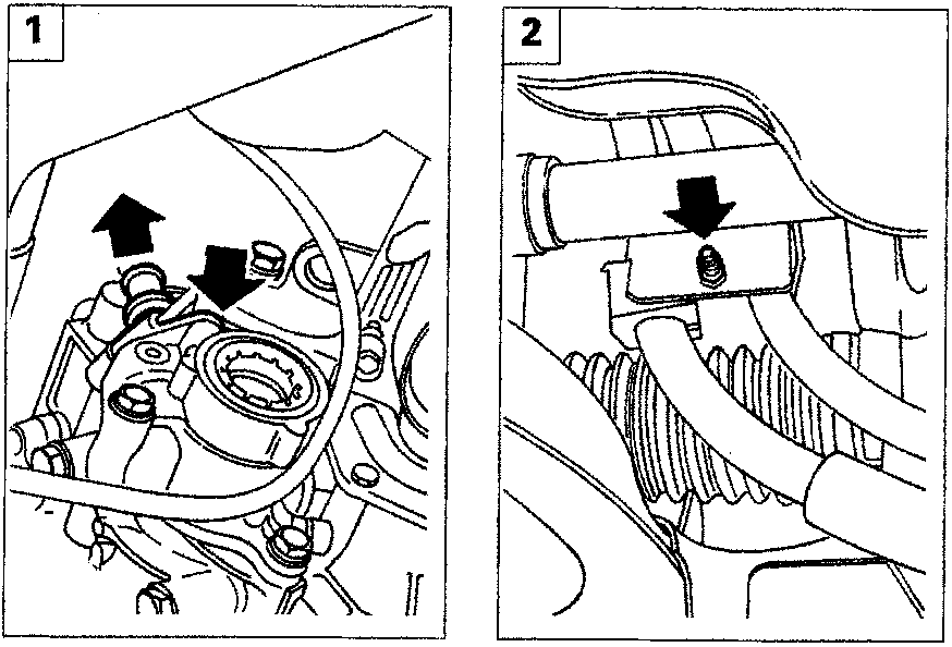 Two diagrams: left shows a speedometer sensor being removed with an arrow; right shows a power steering pipes mounting bracket with a bolt indicated by an arrow.