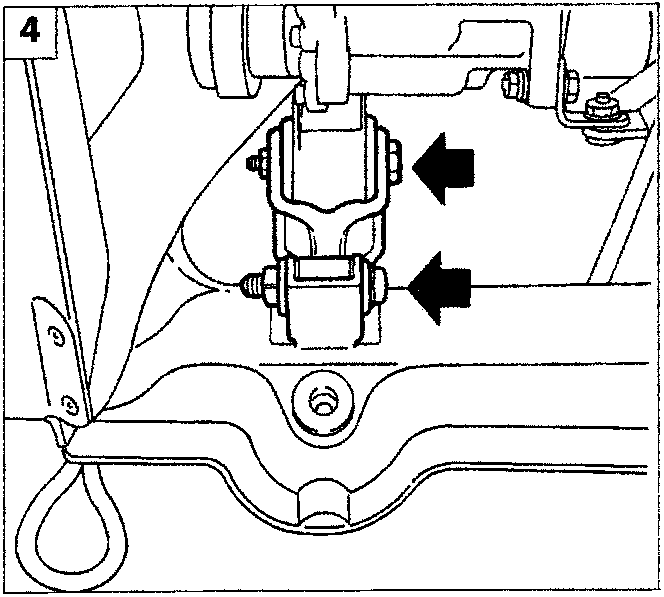 Diagram showing the power unit front support connecting rod with arrows indicating the fixing bolts