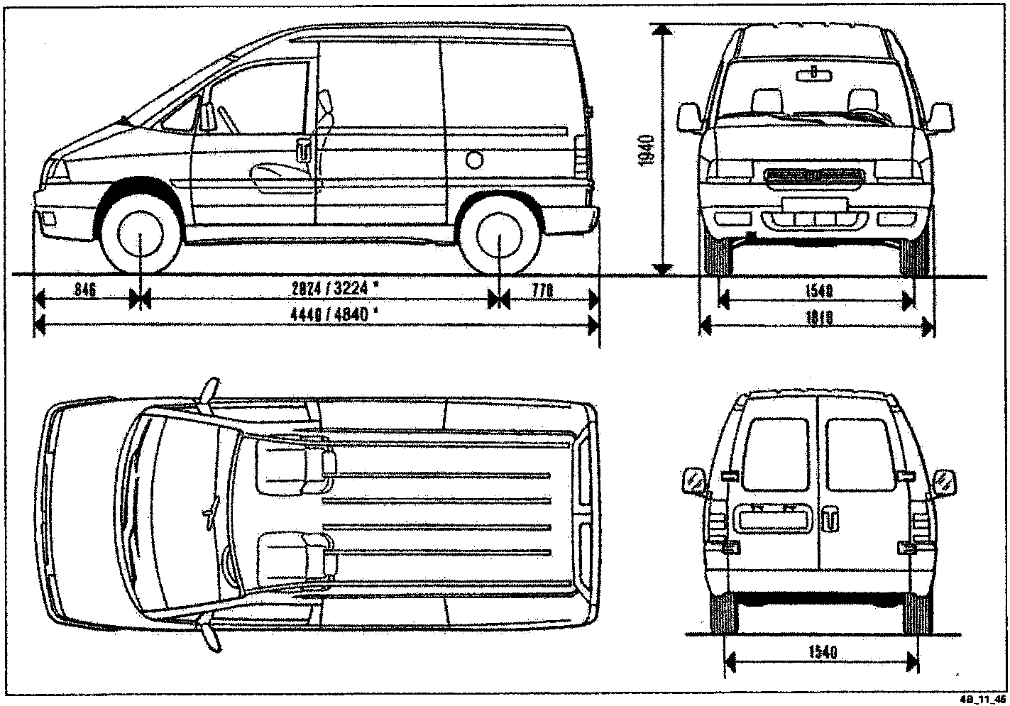 Technical drawing of a Scudo van showing side, front, top, and rear views with dimension lines indicating wheelbase, overall length, width, and height.