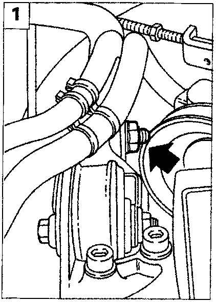 Diagram showing the rear nut and connecting rod for the right power unit mounting, indicated by an arrow.