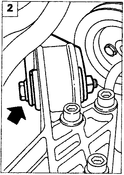 Diagram showing the fixing bolt on the right wheel arch releasing the connecting rod from the power unit mounting, indicated by an arrow.