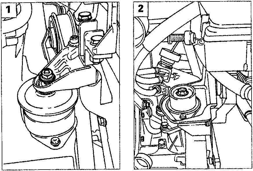 Two diagrams showing power unit mounting brackets and bolts, labeled 1 and 2