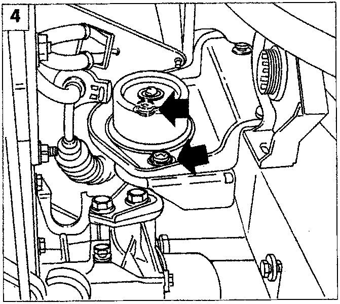Close-up diagram of a power unit mounting with arrows pointing to two bolts