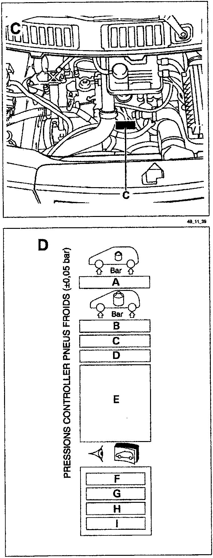 Diagram of engine compartment showing location C for engine type and number