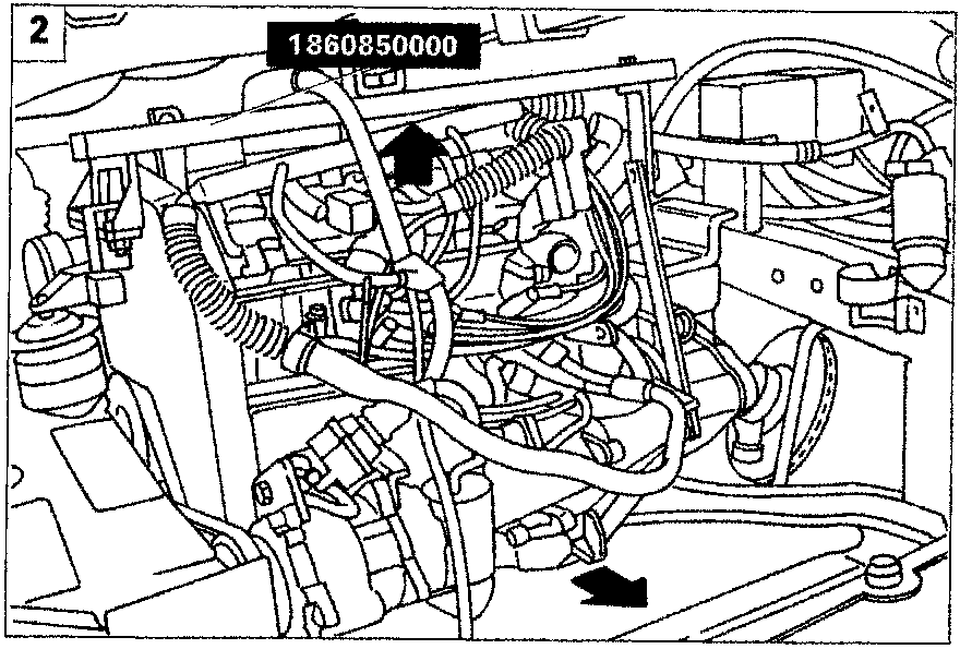 Diagram of engine bay showing power unit being raised and extracted upwards and backwards away from the windscreen base cross member.