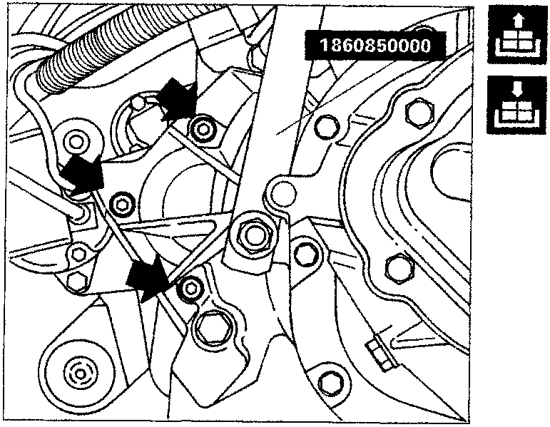 Close-up diagram of starter motor area showing three fixing bolts indicated by arrows, along with wiring support bracket and hot air pipe.