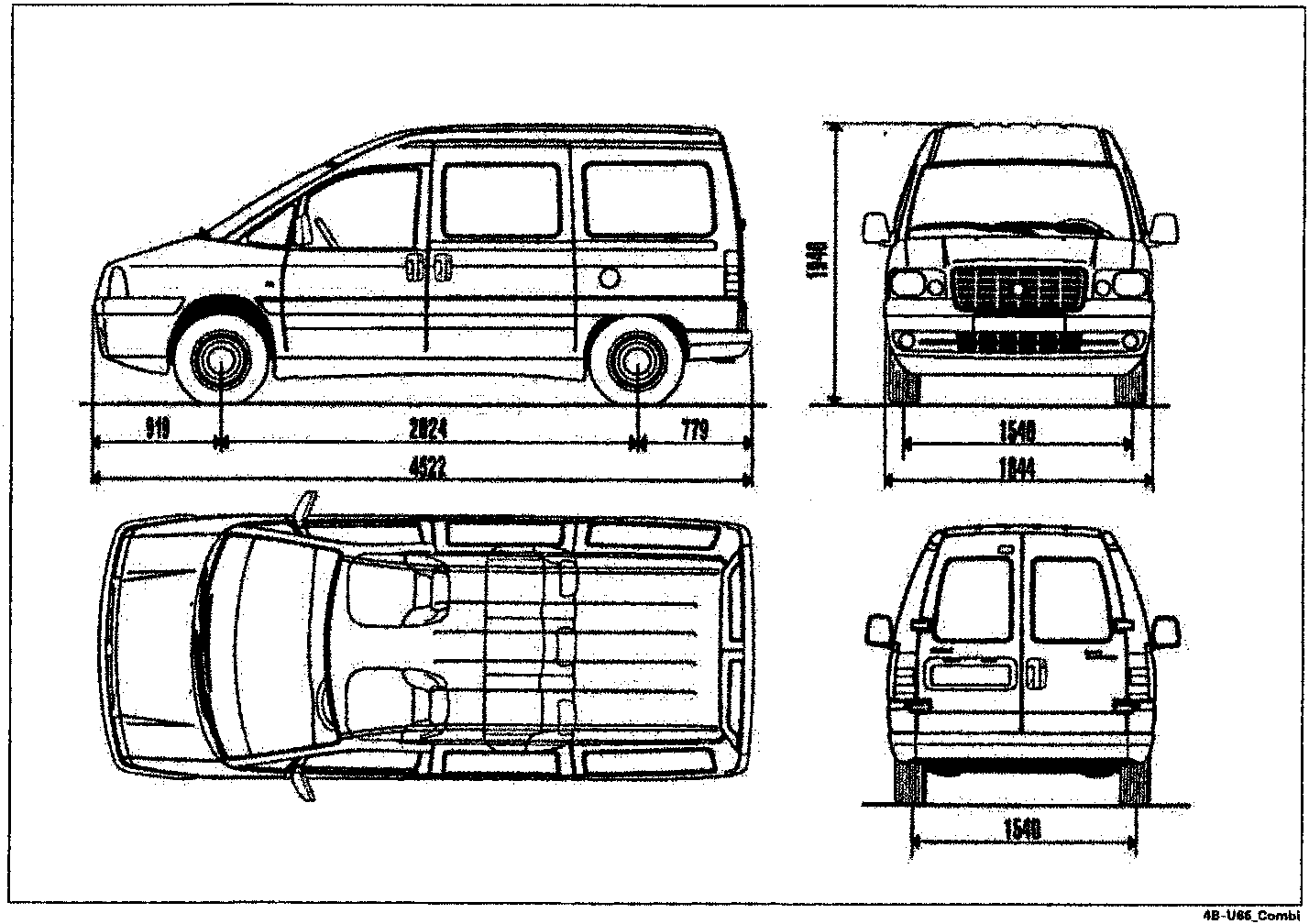 Technical side, front, top and rear view drawings of a Scudo van with dimension lines indicating length, width, height, wheelbase and overhangs.