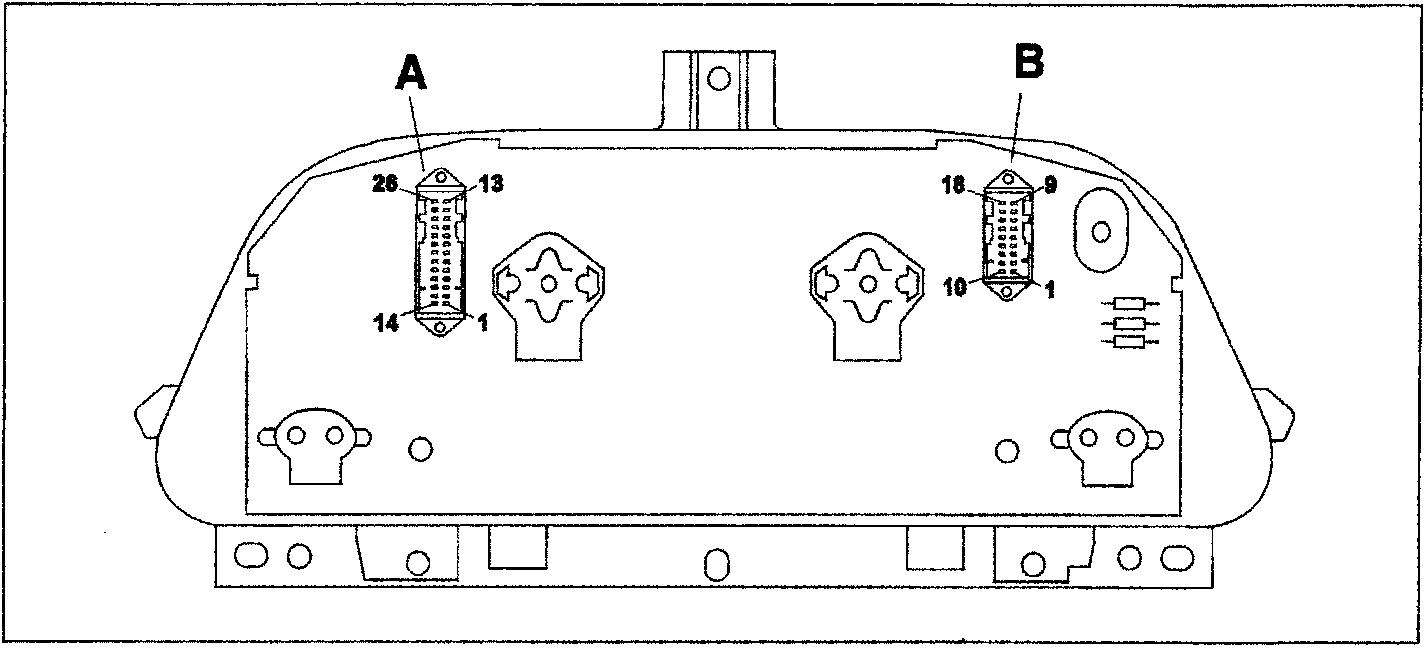 Rear view of the instrument cluster showing connector A on the left and connector B on the right, with numbered pin locations.
