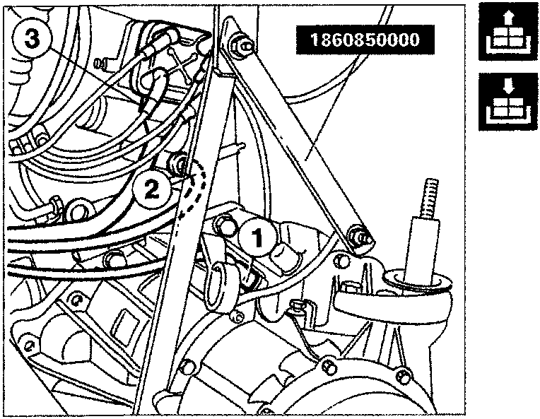 Diagram showing engine mounting bracket with tool 1860850000 installed, and callout numbers 1, 2, and 3 identifying sensor and coil connectors.