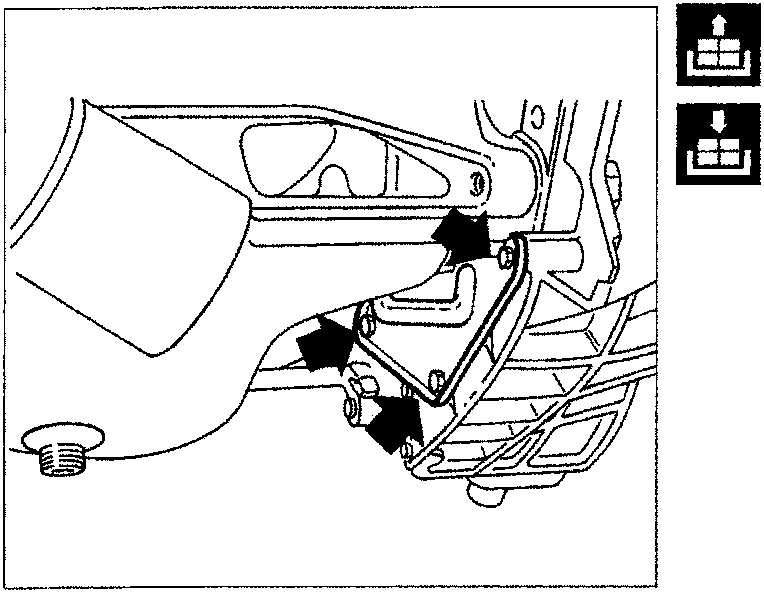 Diagram showing flywheel shield being removed, with three arrows indicating the location of the fixing bolts.