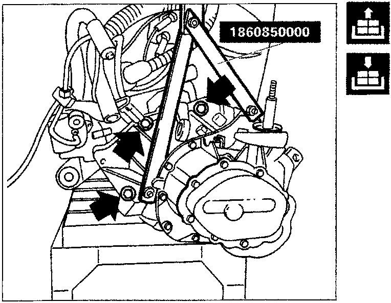 Diagram showing engine assembly supported on a board with tool 1860850000, and arrows indicating the upper bolts securing the clutch bell housing to the engine.