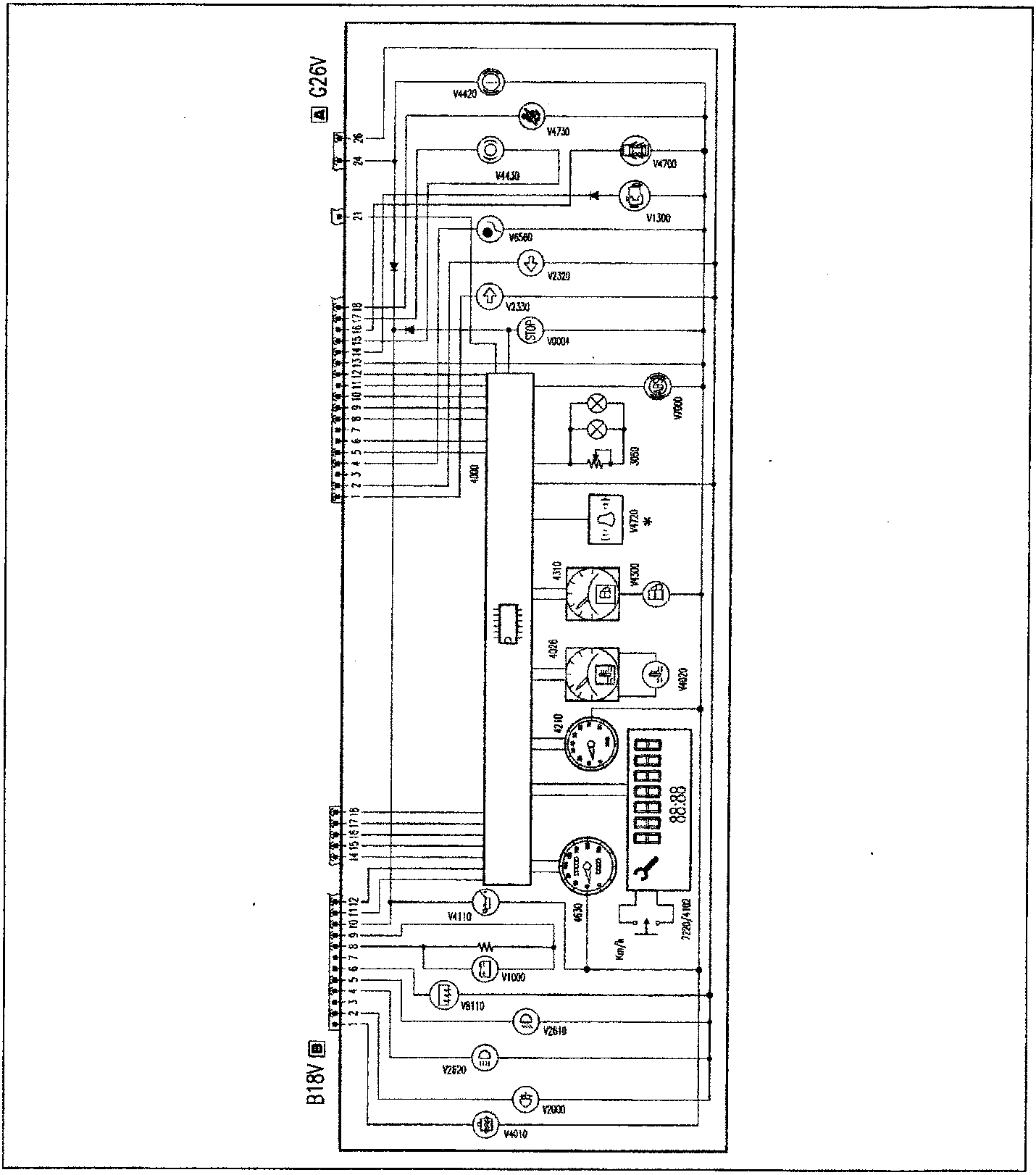 Internal wiring diagram of the instrument panel with C26V and B18V connectors, components V4420, V4730, V4430, V4700, V1300, V6560, V2320, V2330, V0004, V7000, 3050, V4720, 4310, V4300, 4026, V4020, 4210, 4630, V4110, V1000, V8110, V2616, V2620, V2000, V4610 and digital display