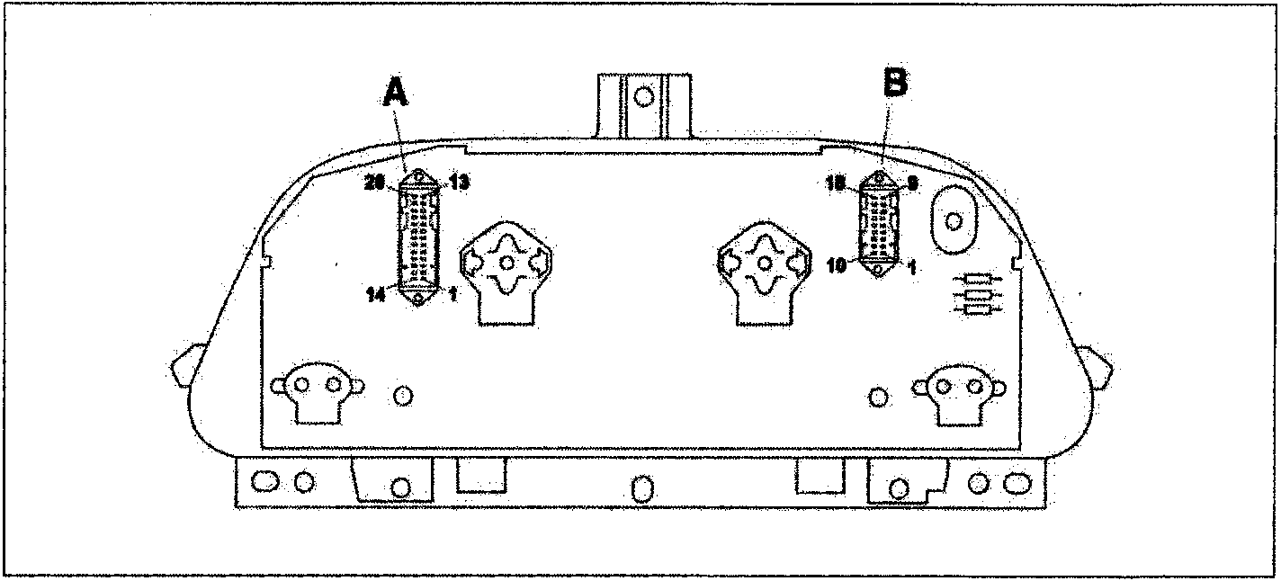 Diagram showing the rear view of the control panel with connectors labelled A and B, and numbered pins 1, 9, 10, 13, 14, 18, and 20.