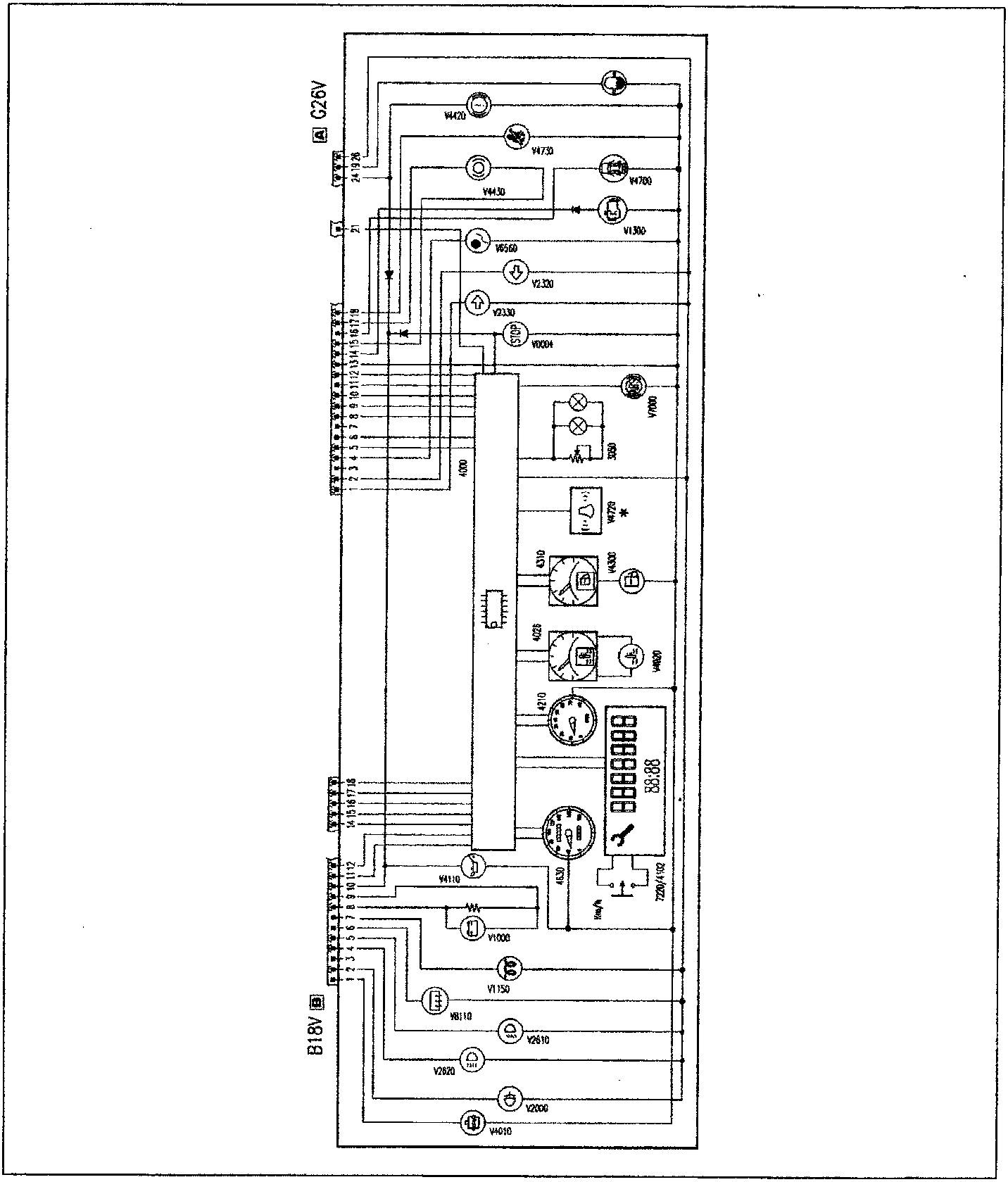 Electrical schematic of the instrument panel with connectors C26V and B18V, components V4120, V4730, V4430, V4700, V1300, V6560, V2320, V2330, V0004, V0000, 3050, V4720, 4310, V4300, 4029, V4000, 4210, 4530, T220/4102, V4110, V1000, V1150, V6110, V2610, V2620, V2000, V4610 and control unit 4000