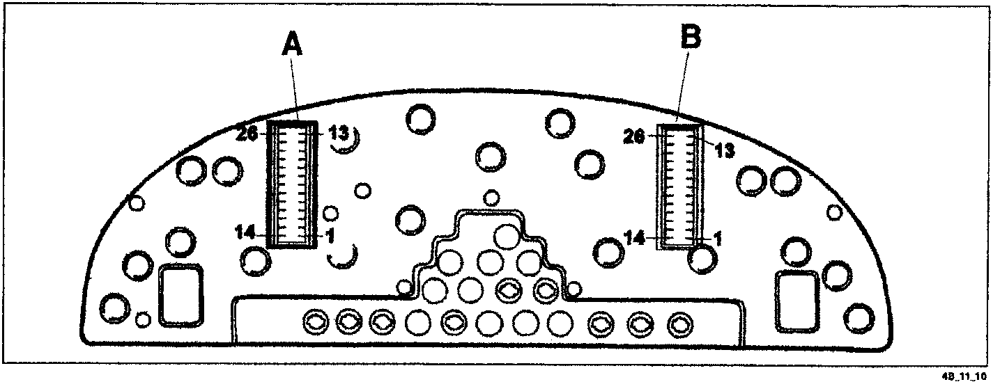 Rear view of the instrument cluster showing two connectors labeled A and B with numbered pin positions 1, 13, 14, and 26.