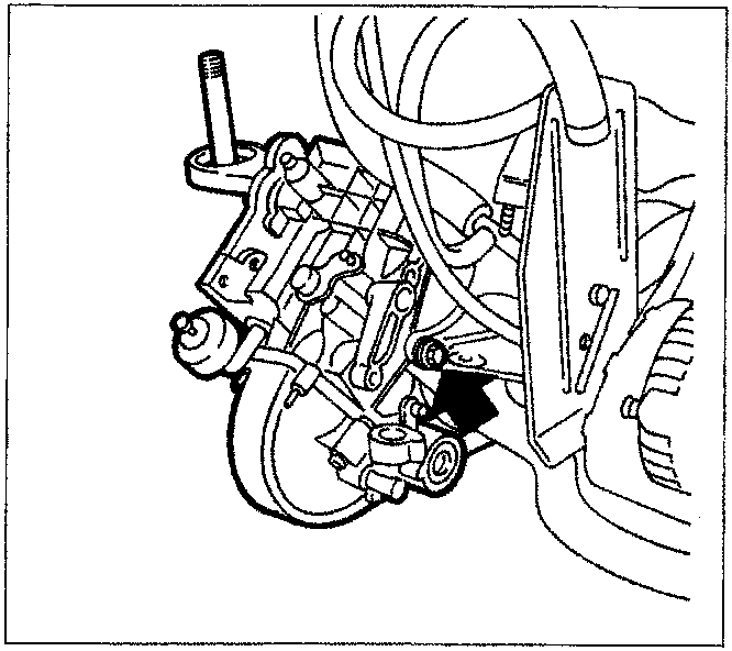 Diagram showing the rear of the engine and gearbox-differential unit with an arrow pointing to a rear bolt