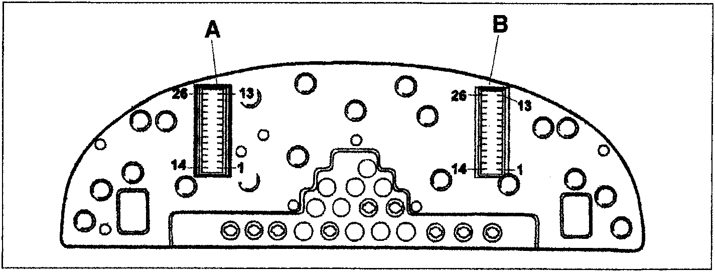 Diagram of the rear view of the Luxe instrument panel showing connectors A and B with numbered terminals 26, 13, 14, and 1