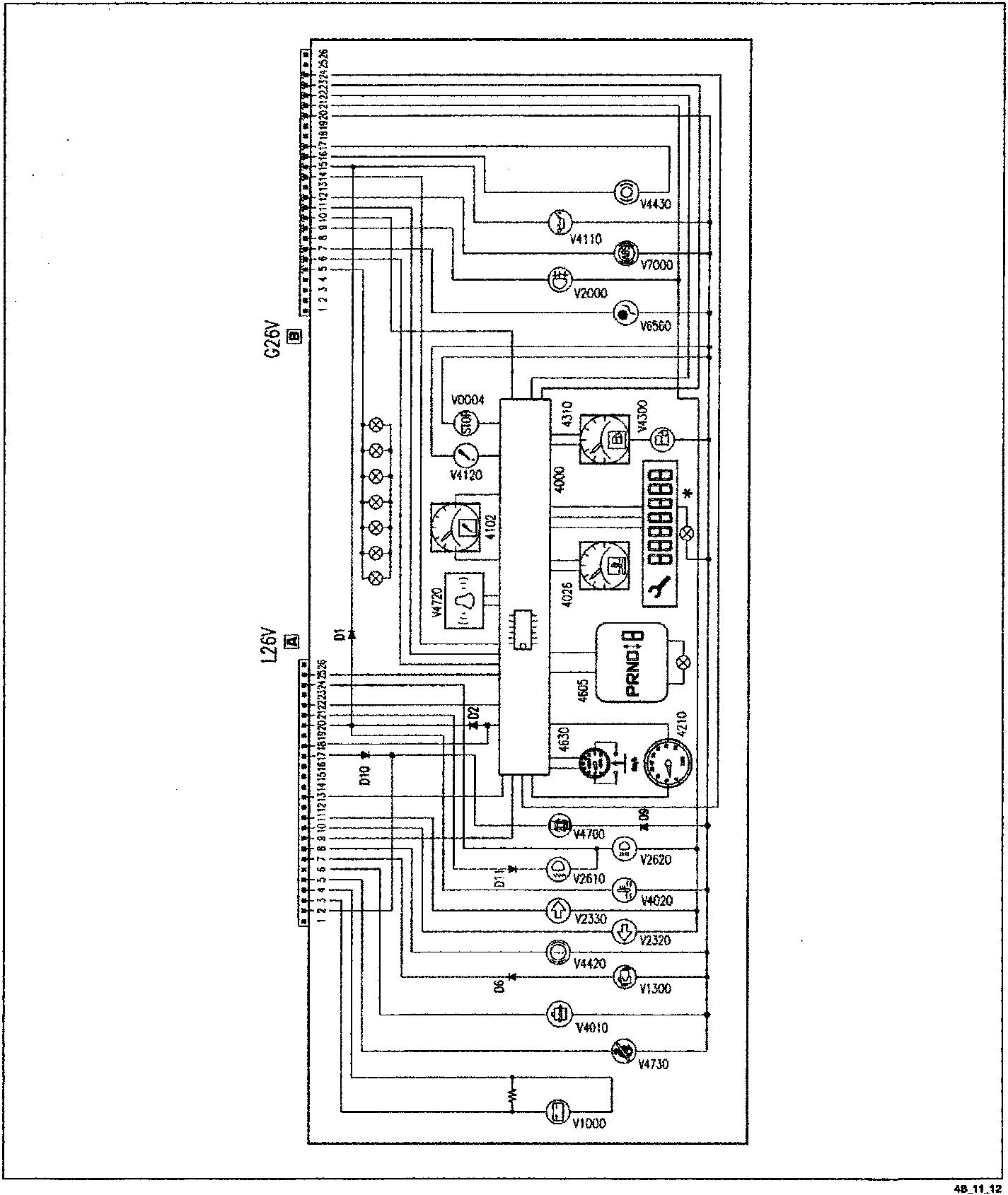 Schematic wiring diagram of the instrument cluster showing connectors C26V and L26V, various components including V4430, V4110, V7000, V2000, V6560, V0004, V4120, 4102, V4720, D1, D2, D10, 4000, 4310, 4026, 4500, 4605, PRND, 4630, 4210, V4700, V2620, V2610, D11, V4020, V2330, V2320, V4420, V1300, D6, V4010, V4730, and V1000.