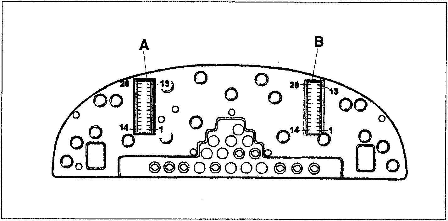 Diagram showing the rear view of the control panel with two connectors labeled A and B, and numbered pin positions 1, 13, 14, and 26 indicated on each connector.
