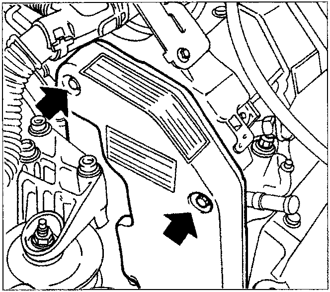 Detail of the upper section of the timing belt shield with arrows pointing to two bolts